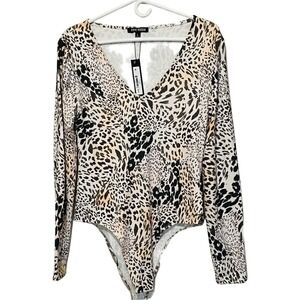 Steve Madden Leopard Long Sleeve Bodysuit, V-Neck, Snap Closure, Size Large, NWT
